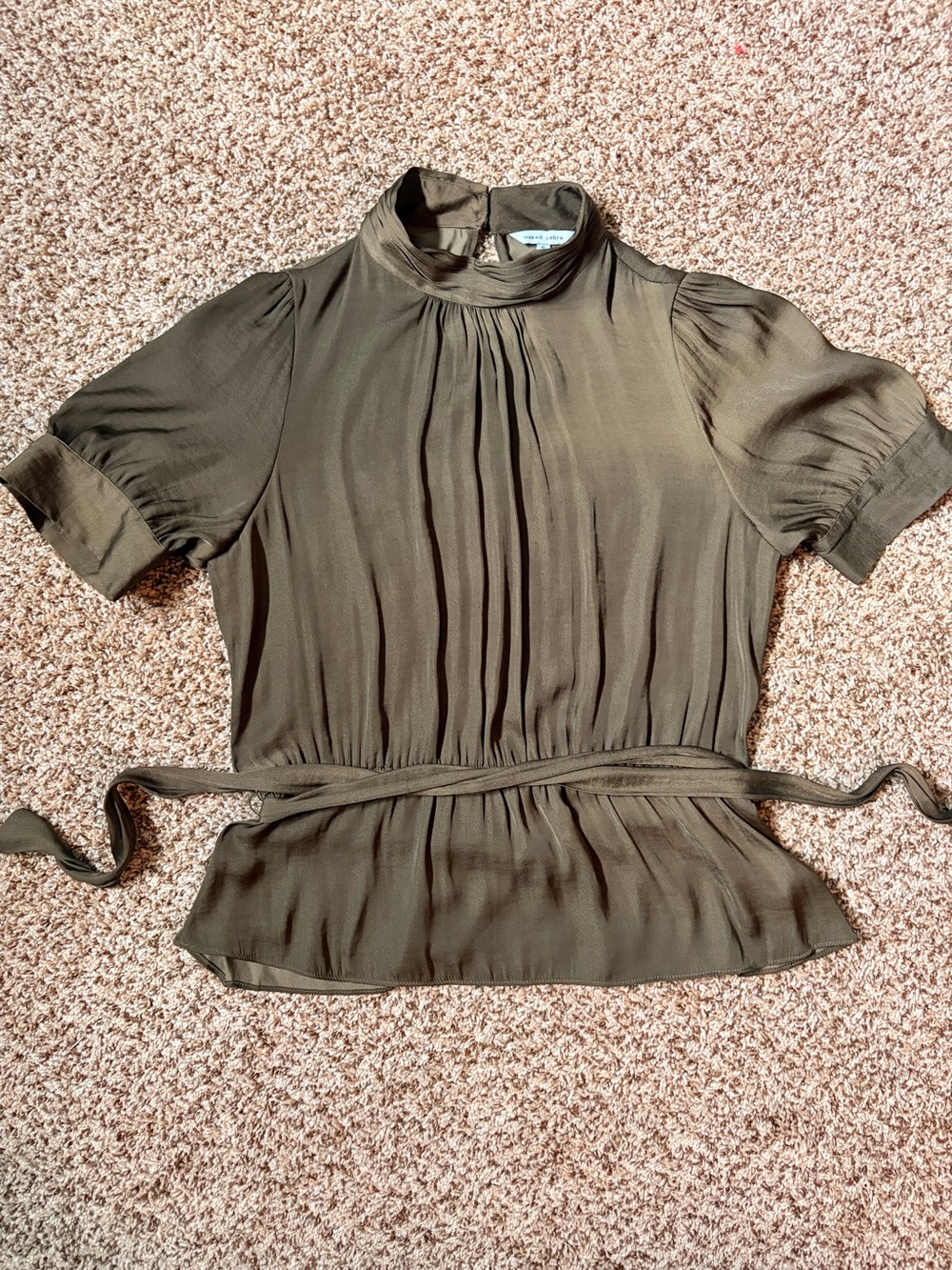 Naked Zevra Olive Green Short Sleeve Pleated Mock Neck Top with Waist Tie